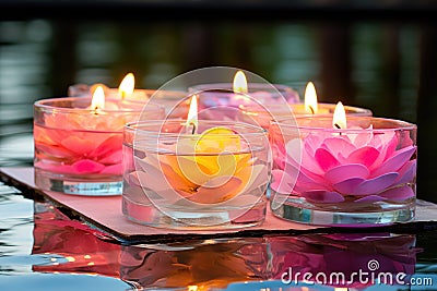 glass container with floating lotus candles on calm water Stock Photo