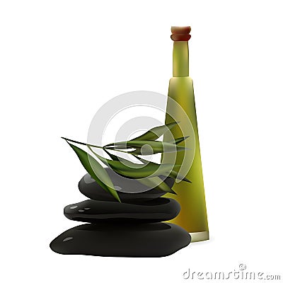 Glass Cosmetic Bottle and Spa Stones with Tea Tree with Leaves. Vector Illustration