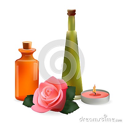 Glass Cosmetic Bottles and Candle with Rose Flower. Vector Isolated Illustration. Template Elements for Cosmetic Shop, Spa Salon, Vector Illustration