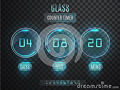 Glass Counter Timer. Transparent vector countdown timer on transparent background. Neon glow on a dark background. Countd Vector Illustration