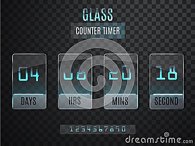 Glass Counter Timer. Transparent vector countdown timer isolated on transparent background. Neon glow on a dark background. Stock Photo