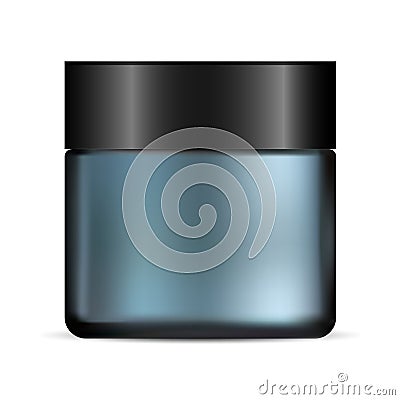 Glass Cream Jar. Realistic Matte Blue Round Pot Vector Illustration