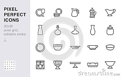 Glass crockery line icon set. Tableware - plate, jug, dish, ashtray, salad bowl, decanter, wineglass minimal vector Cartoon Illustration