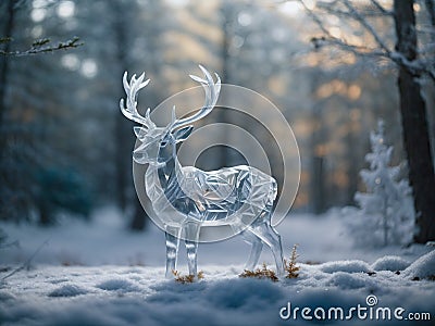 glass crystal deer in snow covered forest transparent christmas ornament decorative object Stock Photo