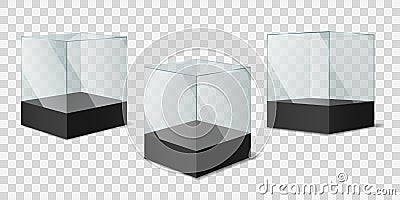 Glass Cube. Transparent shiny cubes on black pedestal, empty showcases for object exhibition mockup, museum exposition Vector Illustration