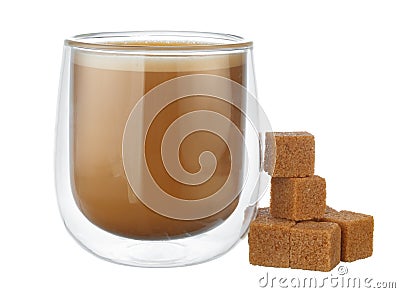 Glass cup of coffee and stack of sugar cubes isolated on white Stock Photo