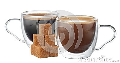 Glass cup of coffee and stack of sugar cubes isolated on white Stock Photo