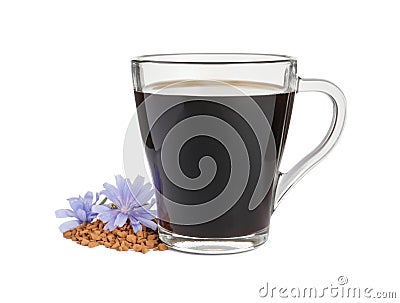 Glass cup of delicious chicory drink, granules and flowers on white background Stock Photo