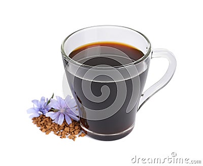 Glass cup of delicious chicory drink, granules and flowers on white background Stock Photo