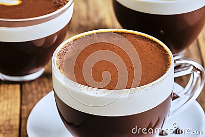 Glass cup filled with chocolate latte with white milk froth on the coffee and small bubbles in the cocoa, made with generative AI Stock Photo