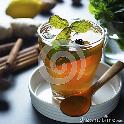 Glass cup of ginger tea with lemons and mint leaves on dark background. Square image, cold and autumn time Stock Photo