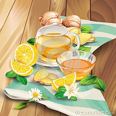 Ginger tea vector composition on wooden background Vector Illustration