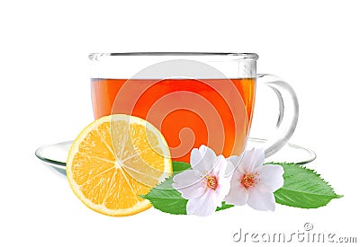 Glass cup tea with lemon and jasmine flowers Stock Photo