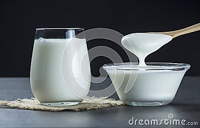 Glass cup of Turkish traditional drink ayran , kefir or buttermilk made from yogurt Stock Photo