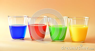 Glass cups full of colorful drinks. Set of exotic liquid with sample text. Stock Photo