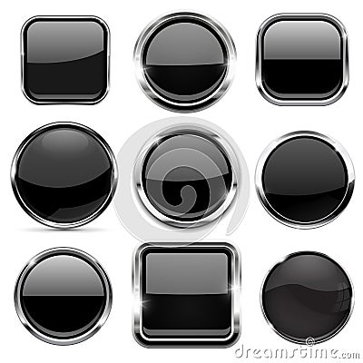 Glass 3d buttons set. Black round and square icons with chrome frame Vector Illustration