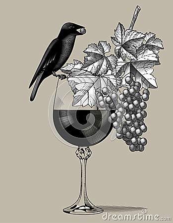 Glass with dark wine, bunch of grapes with leaves and black bird Vector Illustration