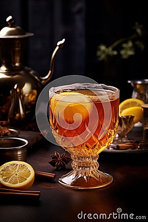 Glass of delicious Christmas winter punsh with spices and citrus on the dark background Stock Photo