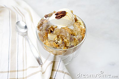 Pecan Cobbler with Vanilla Ice Cream Stock Photo