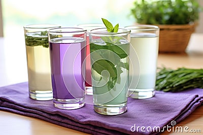 glass of detox water on a lavender-colored yoga mat Stock Photo