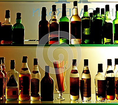 Bottles of wine and liquors at the bar Editorial Stock Photo