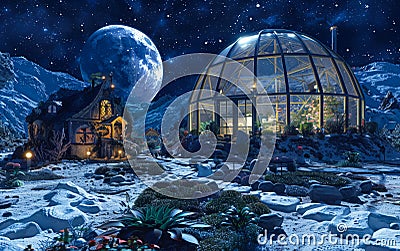 Glass dome home in snow covered mountain at night Stock Photo