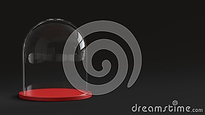 Glass dome with red tray on dark background. 3D rendering. Stock Photo