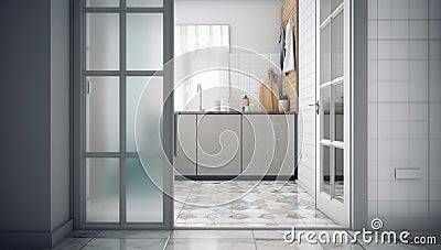 A glass door separating inside out from a laundry room, concept of Transparency, created with Generative AI technology Stock Photo