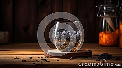 Glass with drink and chia seeds on wooden background, generative ai Stock Photo