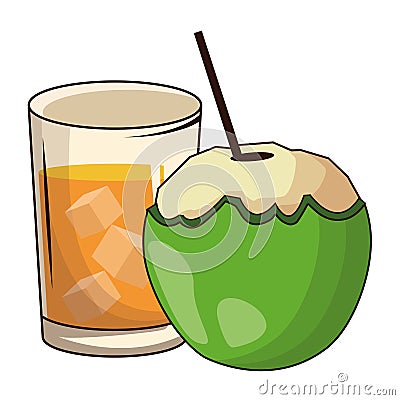 Glass with drink and coconut Vector Illustration