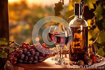 bottle glass background drink bunch wine beverage winery food grape alcohol. Generative AI. Stock Photo