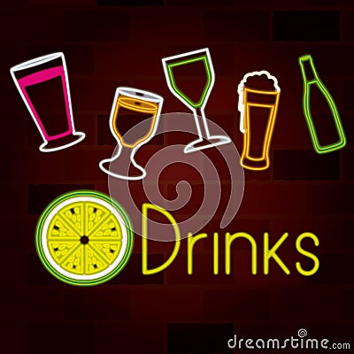 Glass drinks set on neon sign on brick wall Vector Illustration