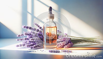Glass dropper bottle with lavender essence and fresh lavender flowers in sunlight Stock Photo
