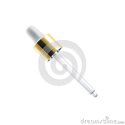 Glass dropper with golden cap, 3D realistic mockup. Cosmetic bottle glass dropper with white rubber tip and transparent empty Stock Photo