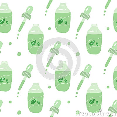 Glass dropper herbal medicine or cosmetic oil for beauty procedure or treatment pattern Vector Illustration