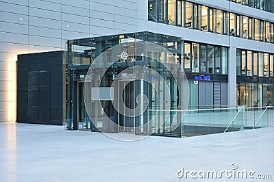 Glass Elevator in Frankfurt airport Stock Photo