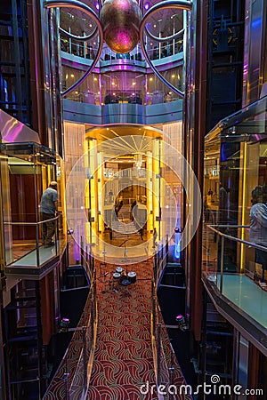 Glass Elevators and Lobby On Celebrity Cruise Ship Editorial Stock Photo