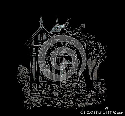 Glass Engraving - Historical House with a Tree Vector Illustration