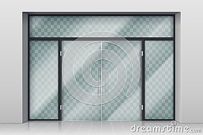 Glass entrance door. Shopping center mall entrance automatic doors with reflection and chrome frame vector illustration Vector Illustration