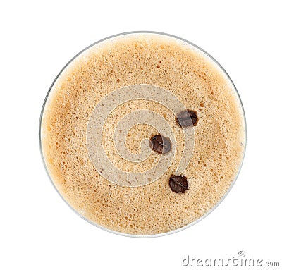 Glass of Espresso Martini with coffee beans, top view. Alcohol cocktail Stock Photo