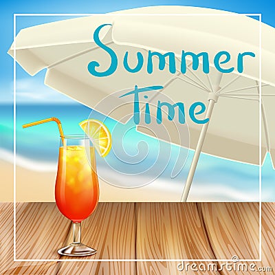 A glass with an exotic cocktail on a background of a sea landscape, a drink `Sex on the beach`, on the seashore. Beach umbrella, Vector Illustration