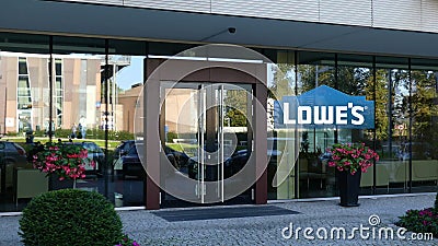 Glass facade of a modern office building with Lowe``s logo. Editorial 3D rendering Editorial Stock Photo