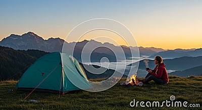 A person sits on grass beside a small campfire generated Stock Photo