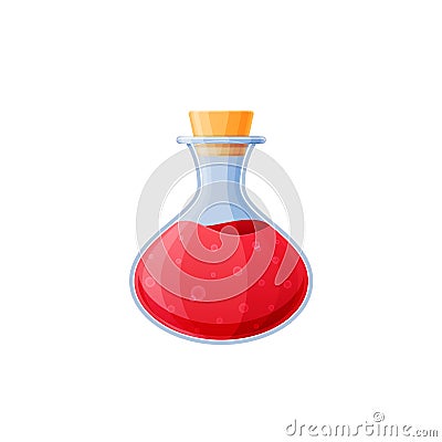 Glass flask with red liquid, magic potion, mixture, elixir. Vector Illustration