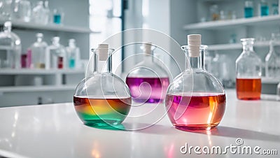 Glass flasks in the laboratory biotechnology clinical analysis pharmacology tool clinical development Stock Photo