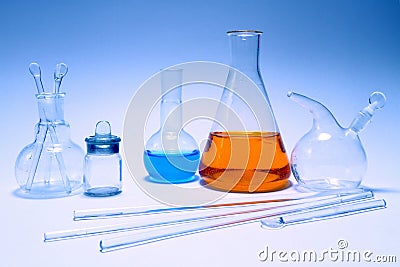 Glass flasks. Laboratory chemical ware Stock Photo