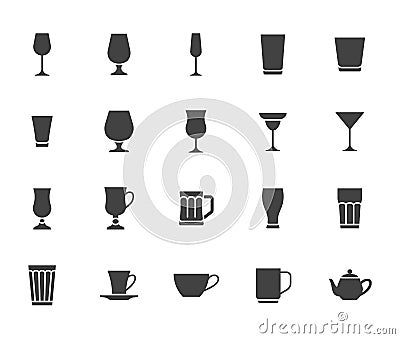 Glass flat illustration including icons as drink glassware type - beer mug, whiskey shot, wineglass, teapot minimal Vector Illustration