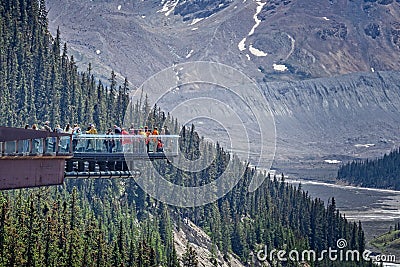 Glass floored Columbia Icefield Skywalk suspended over the valley in Jasper National Park, Alberta, Canada Editorial Stock Photo