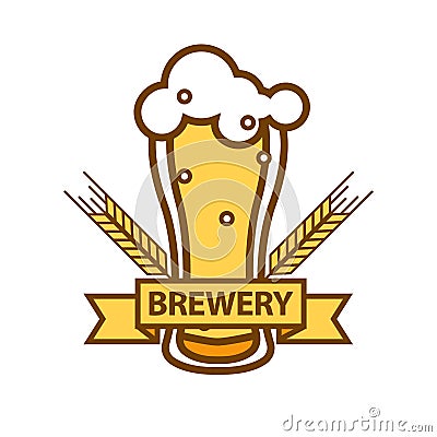 Glass of foamy beer with barley ears flat design isolated Vector Illustration