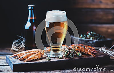 a glass of foamy beer stands on the table Stock Photo